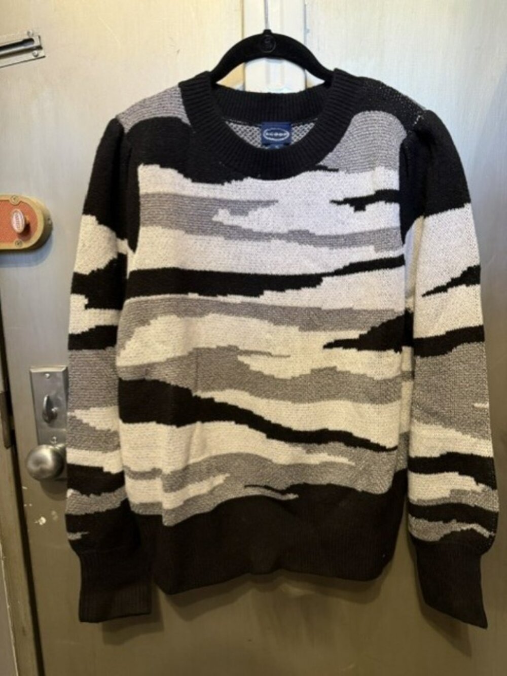 Retro 1980's black, white, and grey camouflage-pattern knit crewneck sweater